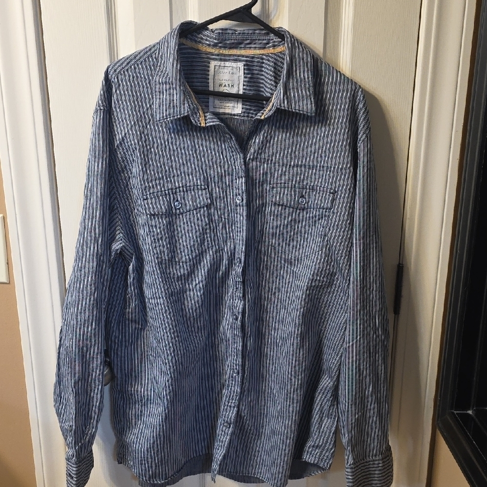 Calvin Klein Blue and White Striped Button Down Shirt
